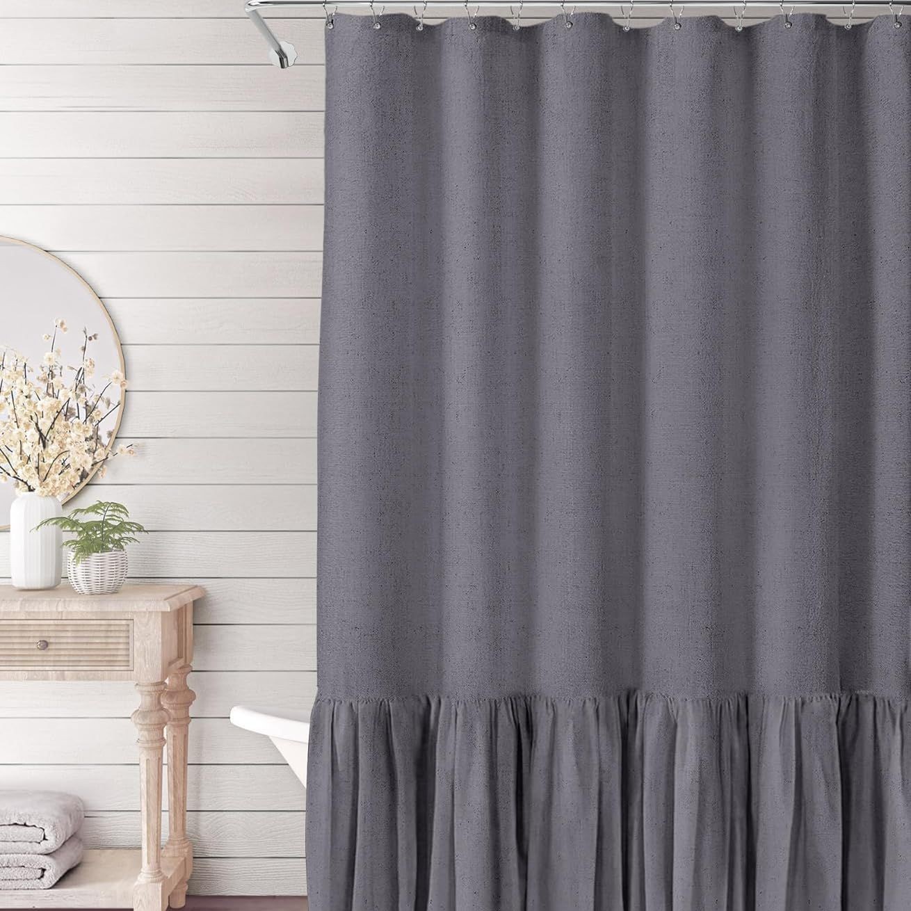 YL-38339 Toilet Partition Curtain with Lace Trim, Plain Color Patchwork Skirt Hem, Cotton Linen Waterproof Ruffle Edge Linen