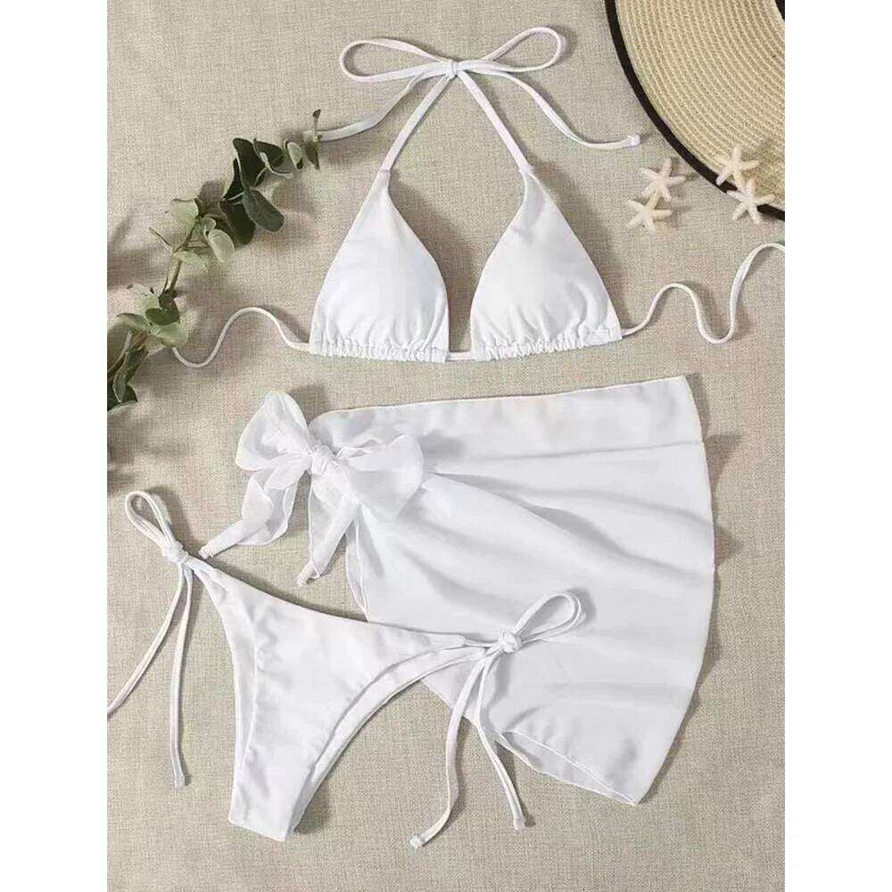 New Neon Yellow 3 Pieces Set Swimsuit Women Thong Swimwear Sexy Micro Bikini With Sarong Skirts Beach Wear Bathing Suit Swim Y260303