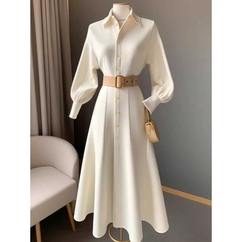 Fashionable Commuting White Dress Korean Style Fall/Winter New Waist-Fitted Slimming Shirt A- Line Skirt Clean ChicT260314