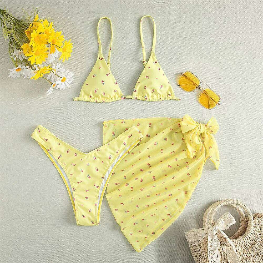 Yellow Floral Print Swimwear Mesh Cove Ups 3 Piece Bikini Set Damen Sexy Swimsuit Women 2026 Beach Bikinis Swimming Wear Y260303