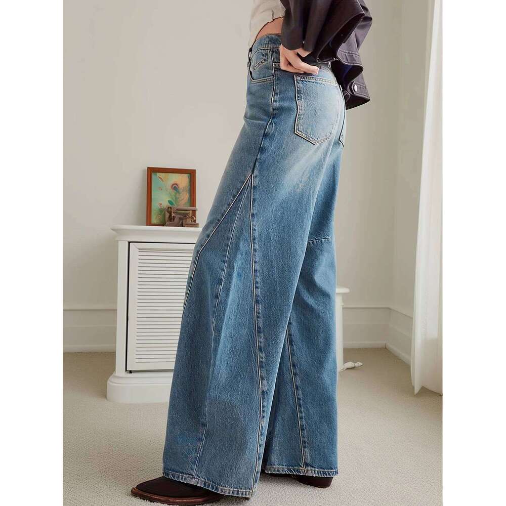 Street fashion retro flared women's washed low waist light blue wide leg ladies jeans for going out all-match style Z260313