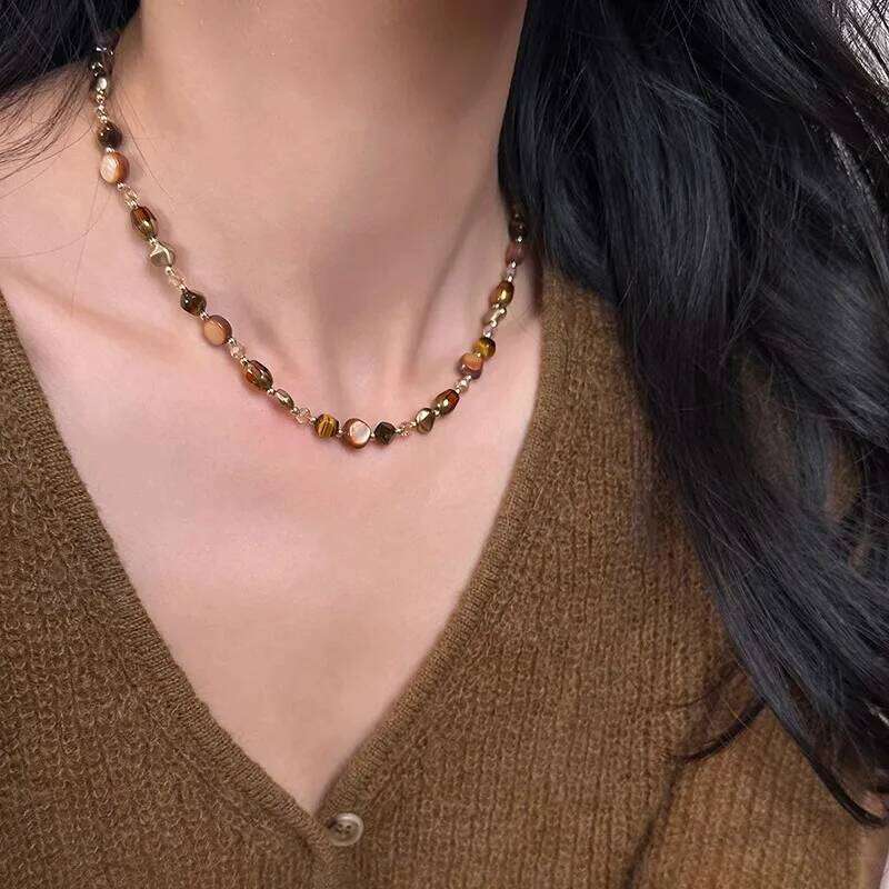 Vintage Maillard Natural Tiger Eye Stone Choker Necklace for Women Summer Handmade Geometric Beaded Chains Strand Jewelry Gift H260312