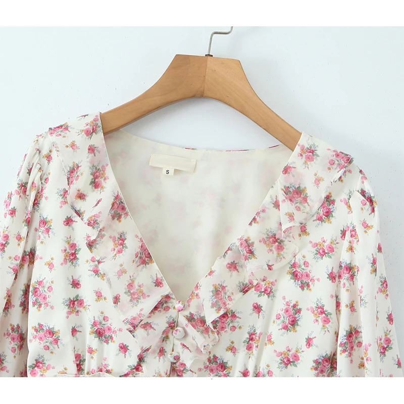 Boho Floral Print Ruffle Mini Dress Women Front Button Long Sleeve V Neck Spring Dresses Holiday Robe Short Vestidos 260313