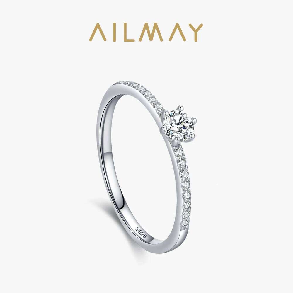 Ailmay Real 925 Sterling Silver Simple Sparkling Round Clear Zircon Ring For Women Classic Wedding Accessories Jewelry H260312
