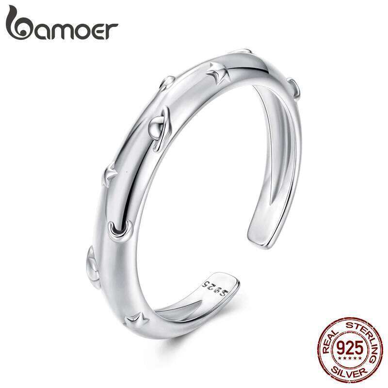 Bamoer 3D Punk Planet Open Oxidized Moon & Star Stacking Finger Ring for Women Minimalist Party Gift 925 Sterling Silver H260312