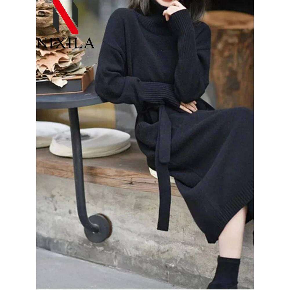 New in Autumn Winter Knitted Fashion Pullover Mid-length Turtleneck Dress Solid Color Pocket Sweater Long Dresses Woman Clothing Z260314