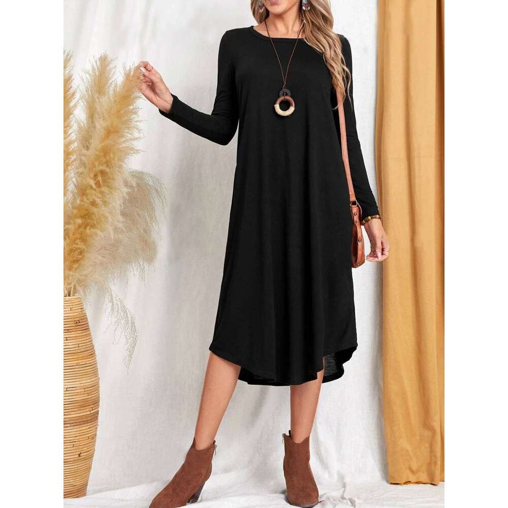 New autumn winter European and American women's solid color casual long-sleeved with curved hem loose dress Z260314