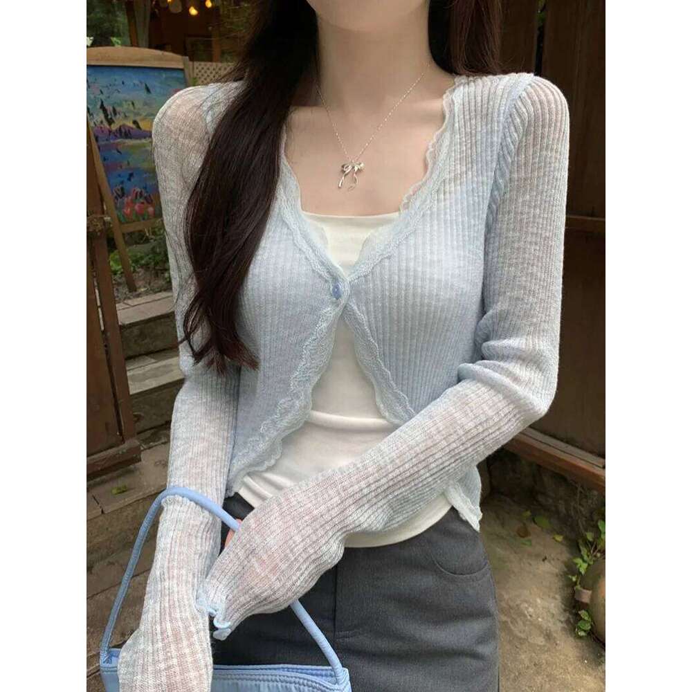Lace Trim One Button Long Crop Top Women Short Sleeve Open Front Ribbed Knit Cardigan Sweater Summer Fairycore Outfit Z260314