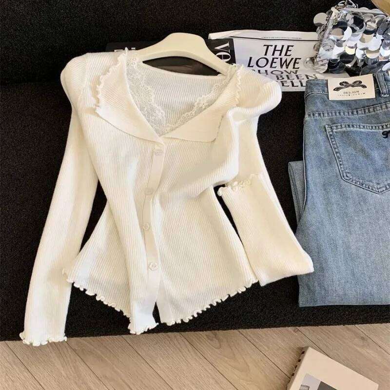 French Lace V-neck Splicing Fungus Edge Long-sleeved Sweater for Women Autumn Winter New Bottoming Shirt Top Cardigan Z260313