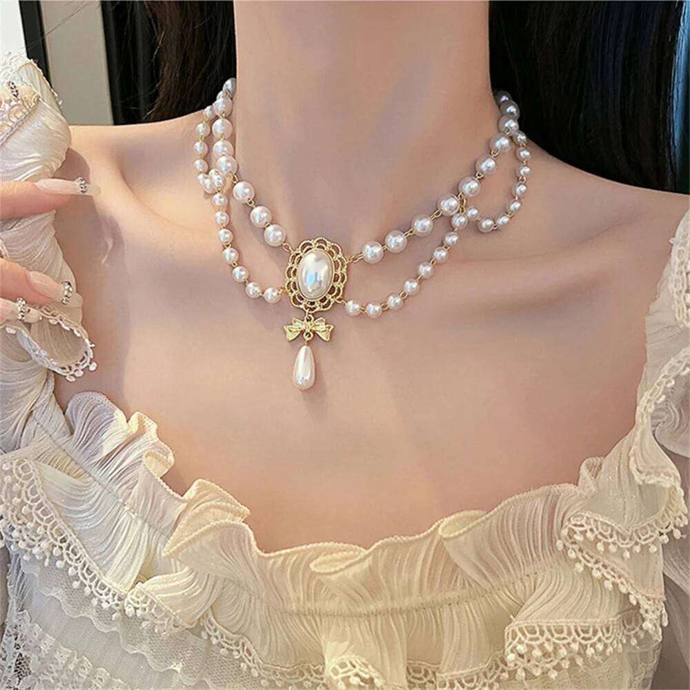 Multi-Layer White Heart Vintage Pearl Choker for Women Elegant Bowknot Pendant Wedding Necklace Jewelry H260312