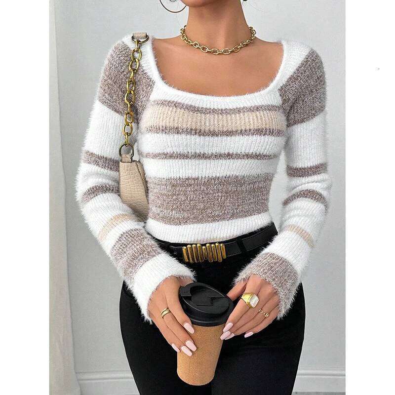 2025 New Autumn Winter Slim Fit Square Neck Women's Striped Faux Mink Soft And Cozy Style Knitted Sweater Z260313