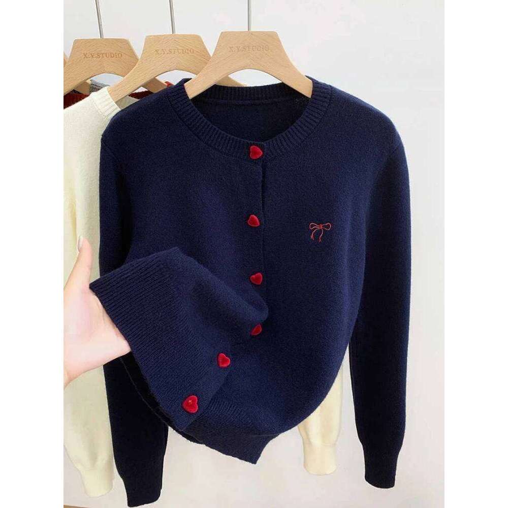 2026 Korean Casual Solid Tops Women O-Neck Single Breasted Heart Button Sweater Bow Embroidery Knitted Cardigan Woman Clothes Z260314