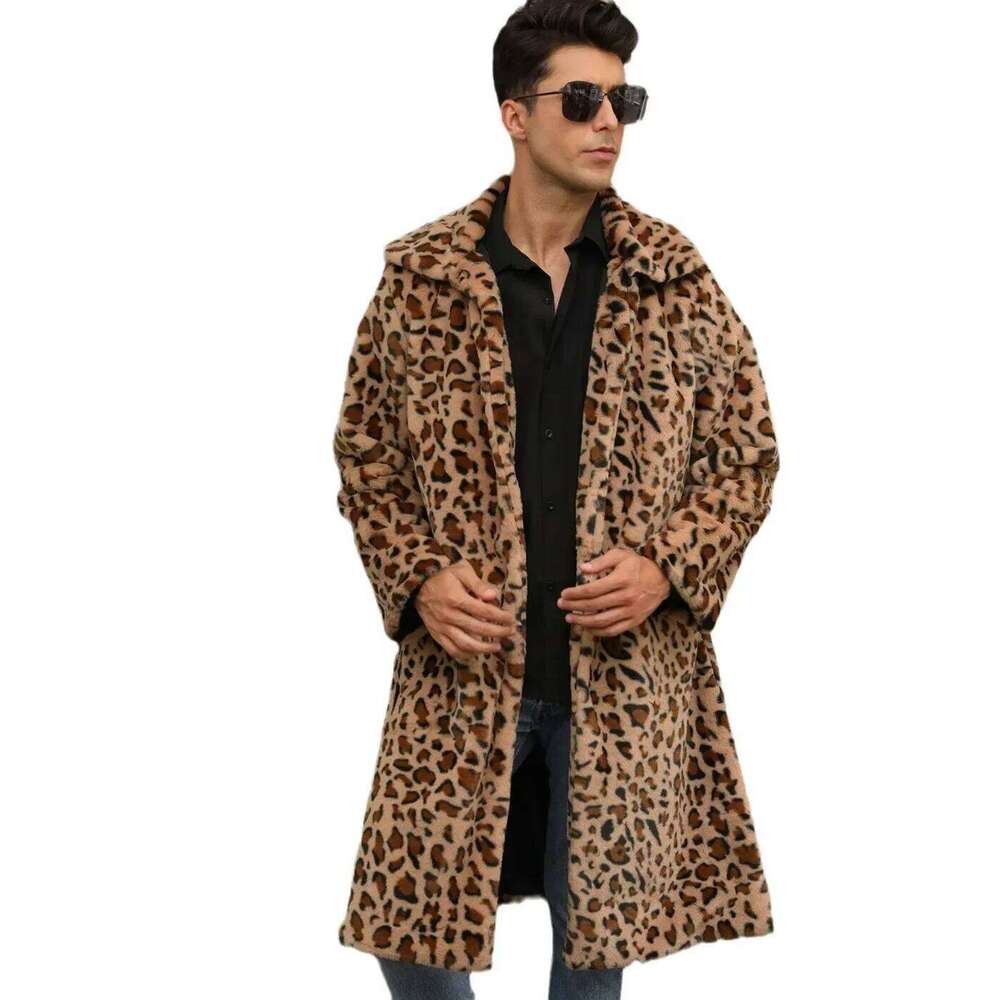 Men Faux Leopard Coat Winter Thick Sleeve Warm Shaggy Outerwear Luxury Fur Long Jacket Bontjas Jackets Mens Z260313