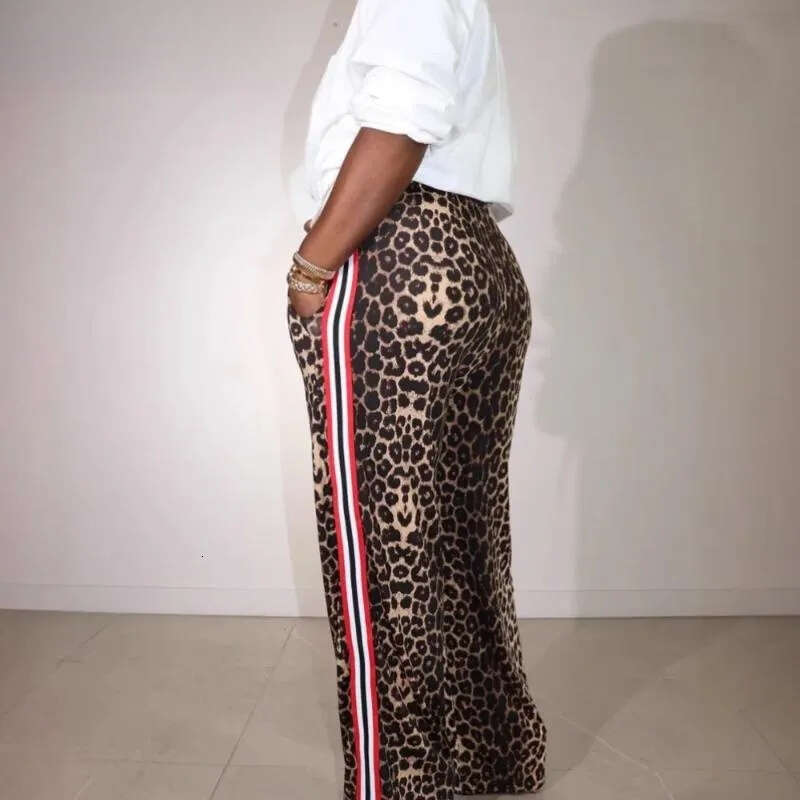 Women's Pants FAGADOER Casual Leopard Print Straight Women Drawstring Stripe Patchwork Wide Leg Pant Trousers Female Streetwear Bottoms Z260314