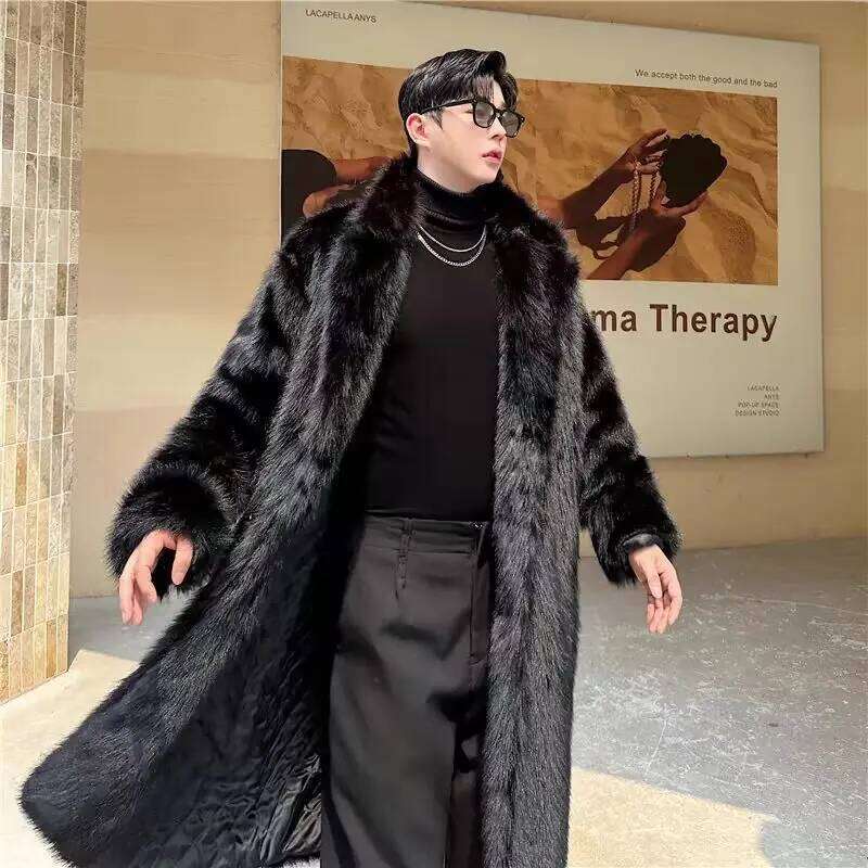 Black Faux Fur Coat Man Fashion Winter Thickened Warmer Fluffy Long Cotton-padded Jacket Overcoat Z260313