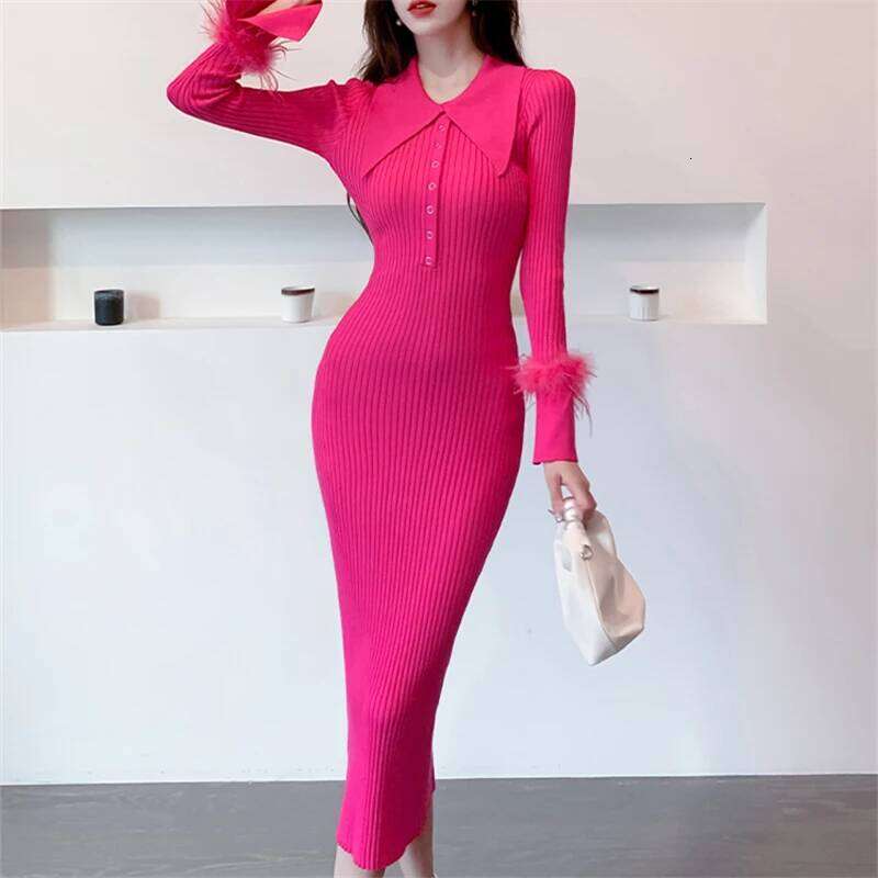 Seoulish Autumn Winter Polo Collar Women's Wrap Knitted Dresses Long Sleeve Sheath Knitwear Office Bodycon Dress Female 2023 New Z260314