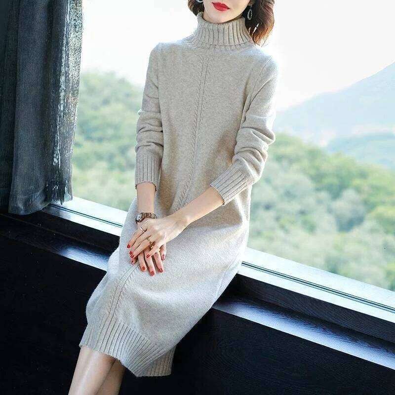Autumn and Winter Knitted Base Layer with Long Turtleneck for Women Casual Solid Color Loose Sweater Dress Z260314