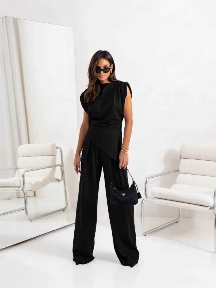 Summer Fashion Solid Two Piece Sets For Women Elegant Slim Office Suit Casual Irregular Top Wide Leg Trousers Female Pants Sets M260313