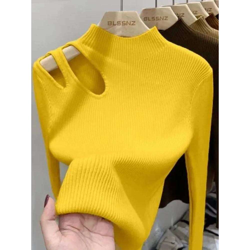 2025 Hollow-out Knitted Sweater Ribbed Pullovers Autumn Winter Basic Women Turtleneck Sweaters Fit Soft Warm Tops Z260314