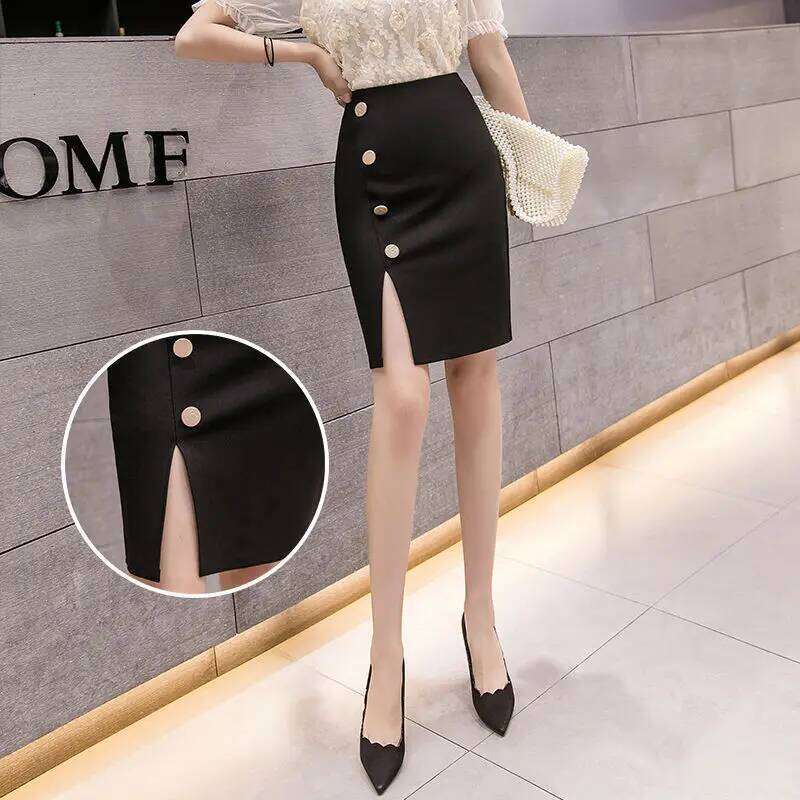 Summer New Button Split Short Skirts High Waisted Elastic Professional OL Women's Patchwork Zipper Bag Black Wrap Hip Half Skirt Z260314
