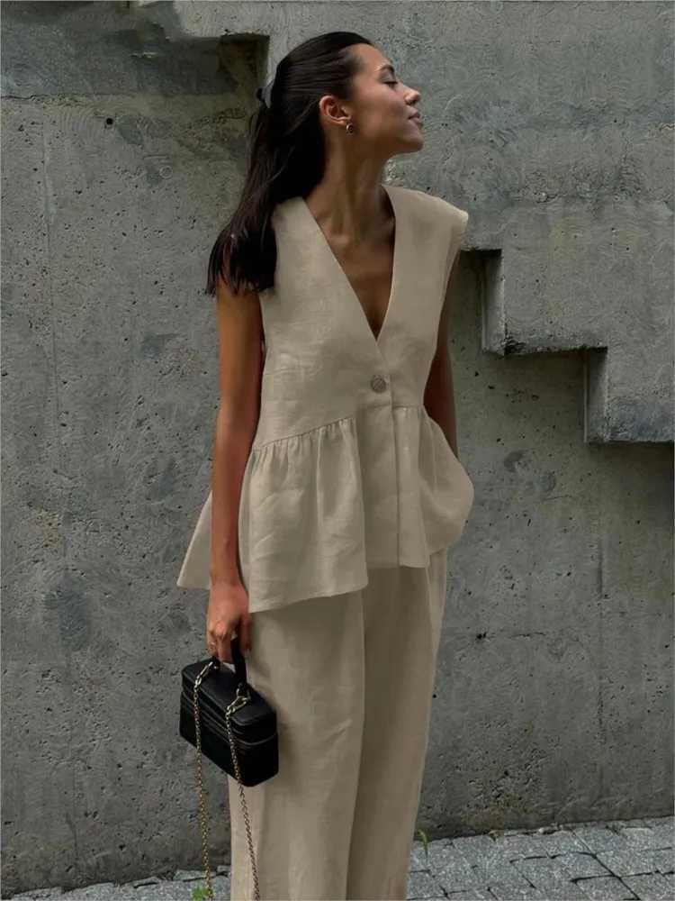 Fashion Pink Cotton Linen 2 Piece Set Women Summer Chic Elegant Outfit Sleeveless Ruffles Tank Top And Loose Wide-leg Pants Sets M260313