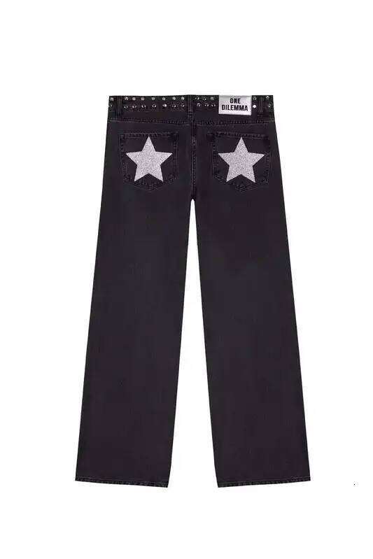 Fashion Womens ONE DILEMMA Y2K Clothing Five Pointed Star Sequin Rivet Washed Black Baggy Jeans Mid Rise Slim Fit Trousers Z260313