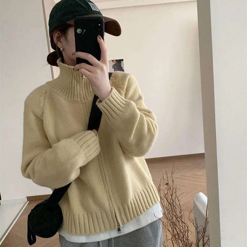 Lazy Style Double Zipper Turtleneck Sweater Female Autumn Winter Thicken Warm Knitted Cardigan Woman Korean Cropped Knitwears Z260313