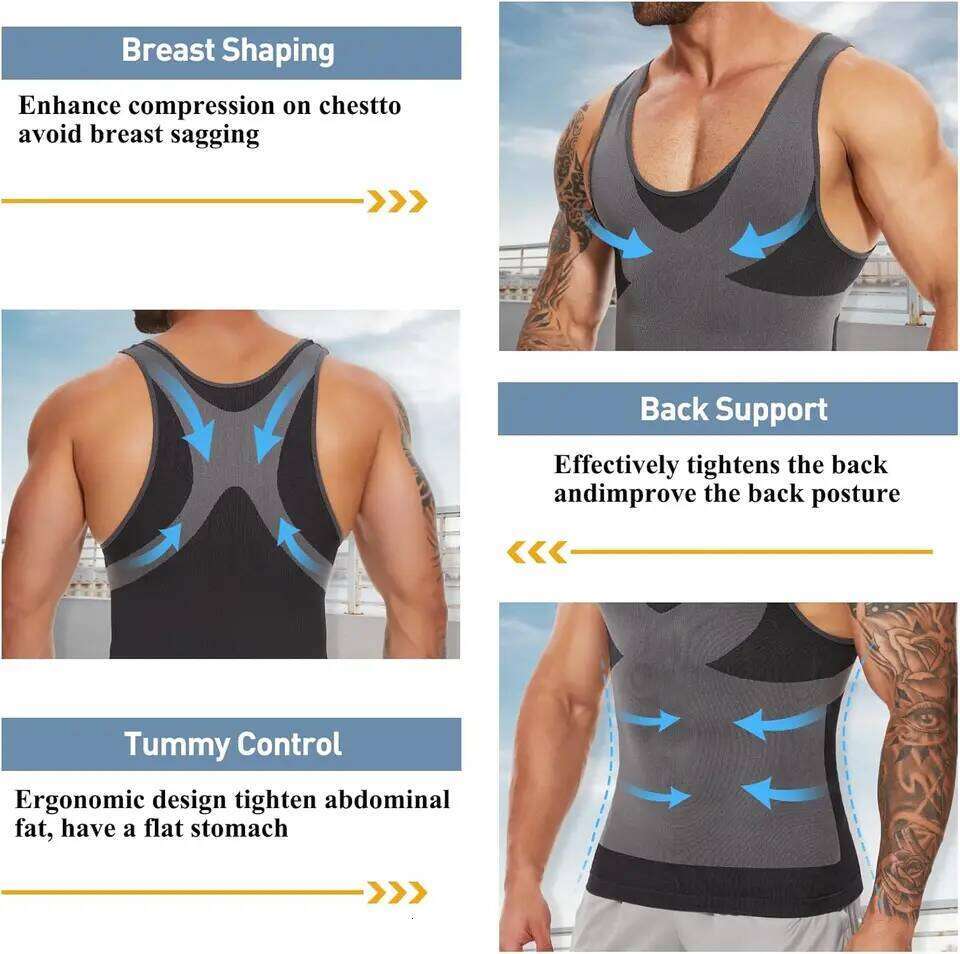 New Men's Shapewear Slimming Body Shaper Horizontal Stripe Compression Band Tummy Control T-Shirt Cross Elastic Workout Top 26Y0313