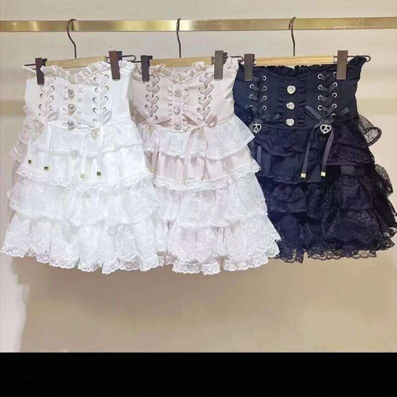 Japanese Kawaii Mini Cake Skirts Womens Jupe Fairy Bandage Lolita High Waist Y2k Aesthetic Sweet Lace Gothic JK Faldas Skirt Z260314