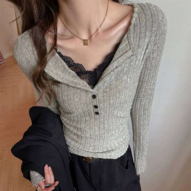 Vintage Y2K Lace Patchwork Sweater Women Korean Design Striped Knitted Jumpers Ladies Fashion Slim Elastic Bottoming Knitwear Z260313