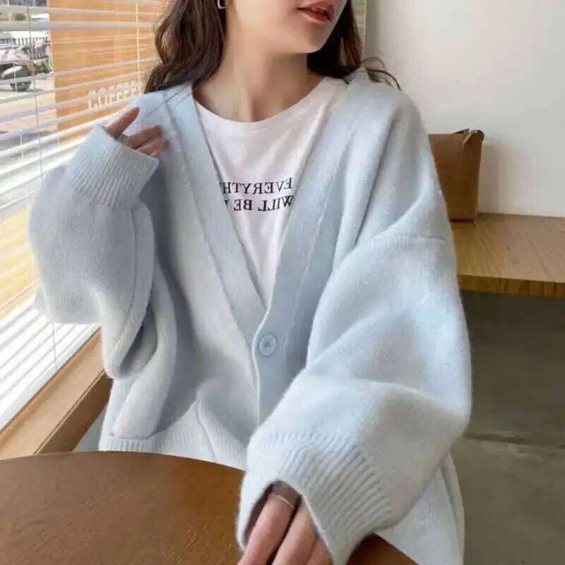 Solid V-neck Chic Single Breasted Long Sleeves Buttoned Up Elegant Knitted Women Cardigan Casual Loose Fashion New Z260313