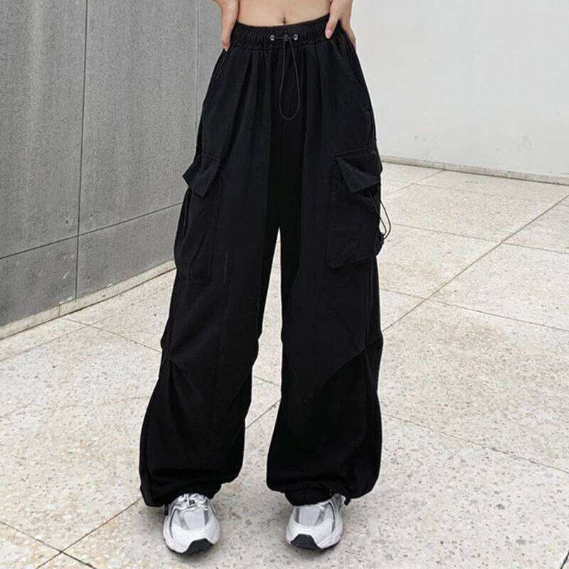 Women Casual Cargo Solid Low Waist Joggers Tech Pants Drawstring Wide Leg Baggy Trousers Y2K Streetwear Sweatpants