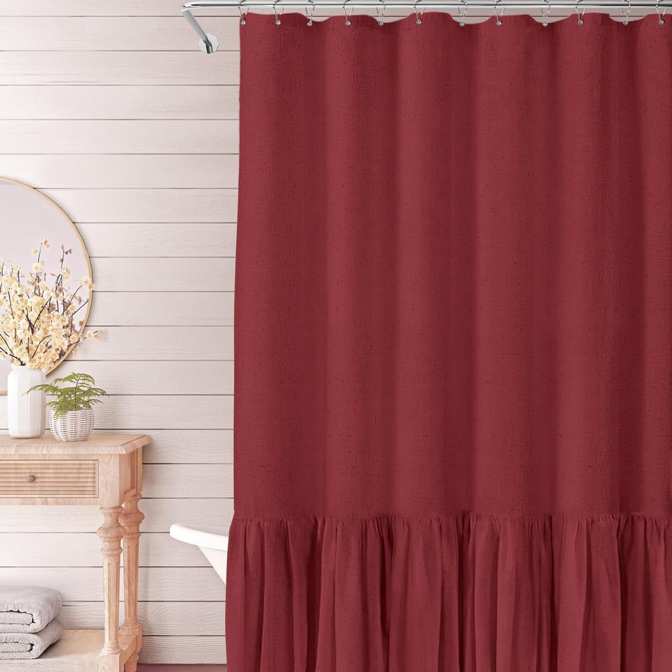 YL-38339 Toilet Partition Curtain with Lace Trim, Plain Color Patchwork Skirt Hem, Cotton Linen Waterproof Ruffle Edge Linen
