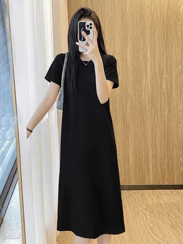 Early Autumn New Black Short Sleeved Dress Womens Straight Tube Loose Fit Slimming Round Neck T-shirt Long SkirtT260314