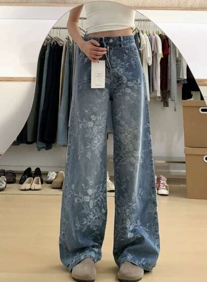 Women's Blue Y2k Baggy Harajuku 90s Vintage Flower Print Denim Trouser Japanese 2000s Style Fashion Oversize Jeans Pants Z260313