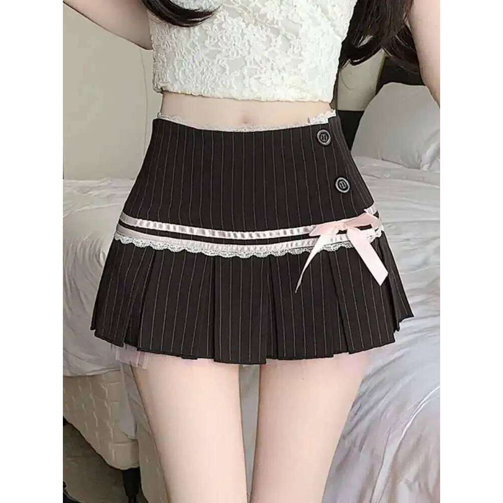 Summer Korean Sweet Striped Pink Pleated Skirts Women's Elegant Bow Hight Waist A Line Y2k Sexy Lace Streetwear Mini Skirt Z260314