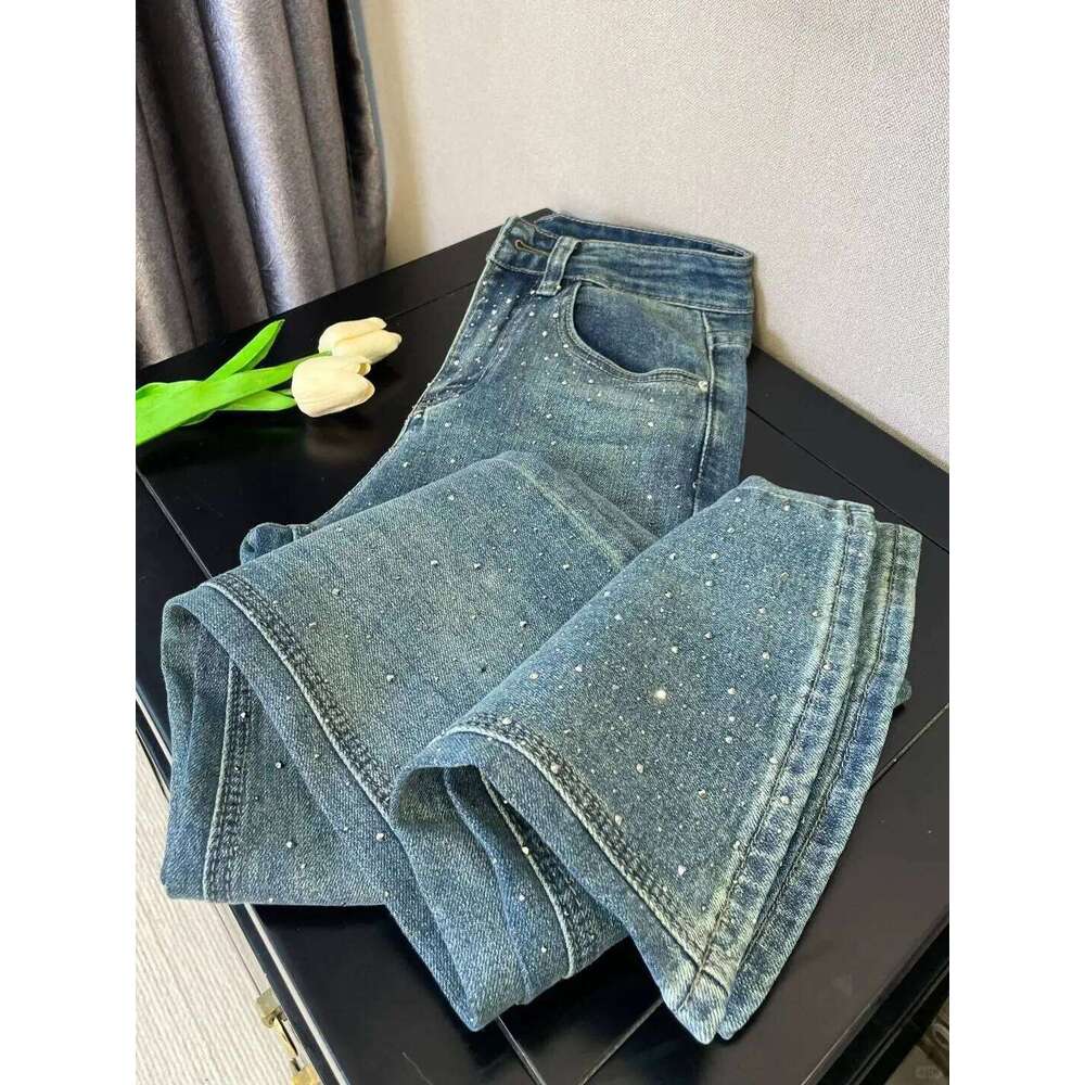 Retro Washed -encrusted Jeans Women's Spring Design Sense High-waisted Straight-leg Loose Wide-leg Mopping Pants Z260313