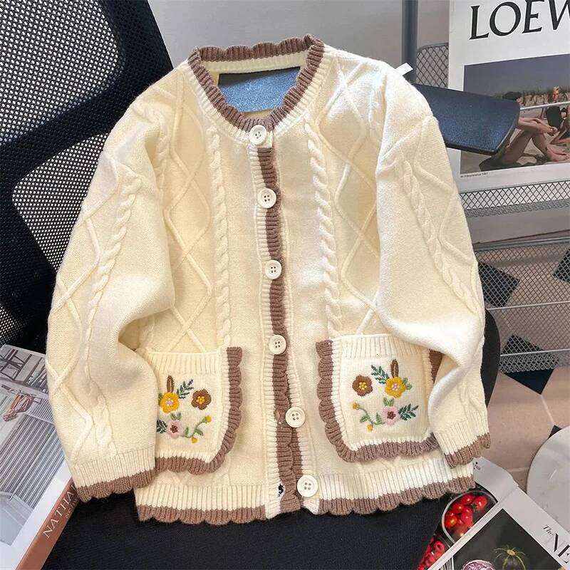 Floral Embroidery Knit Cardigan Women Sweet Preppy Button Pocket Patchwork Sweater Loose Long Sleeve Cute Autumn Winter Outwear Z260313