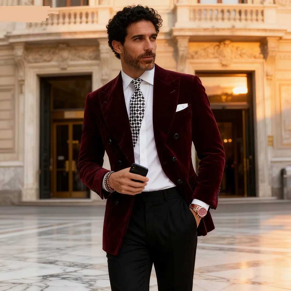 Mens Velvet Borgonha Blazer with Dinner Jacket Double Breasted Elegant Tuxedo Smoking Coat 2025 M260313