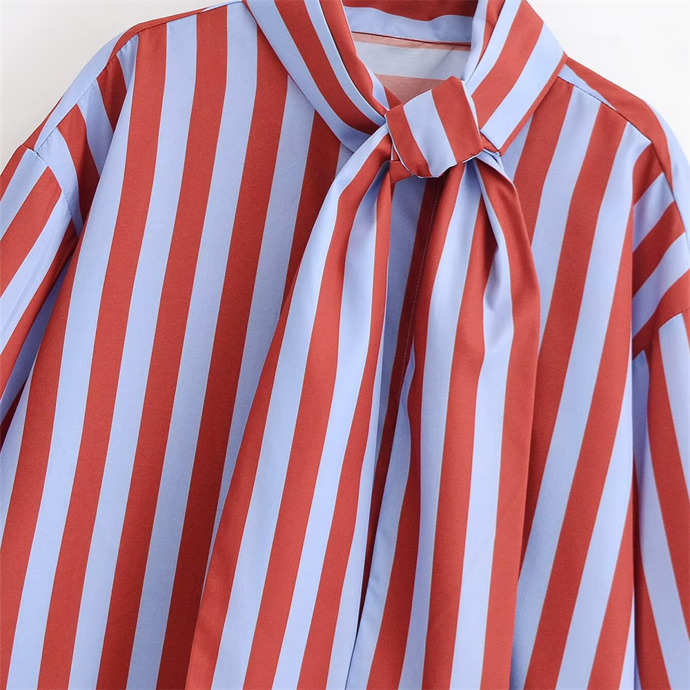 PB&ZA 2026 Spring/Summer New Product Women's Long Sleeve High Collar Butterfly Bow Striped Shirt