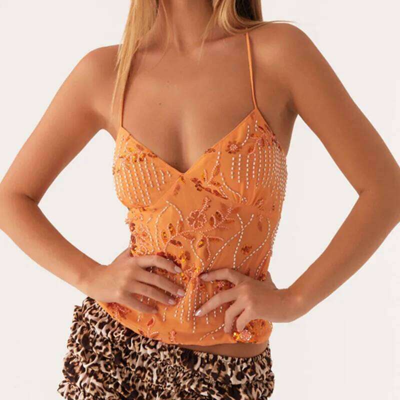 Women Y2k Sequin Halter Crop Pearl Embellished Cami Tops Summer Glitter V Neck Rhinestone Camisole Tank Shirt