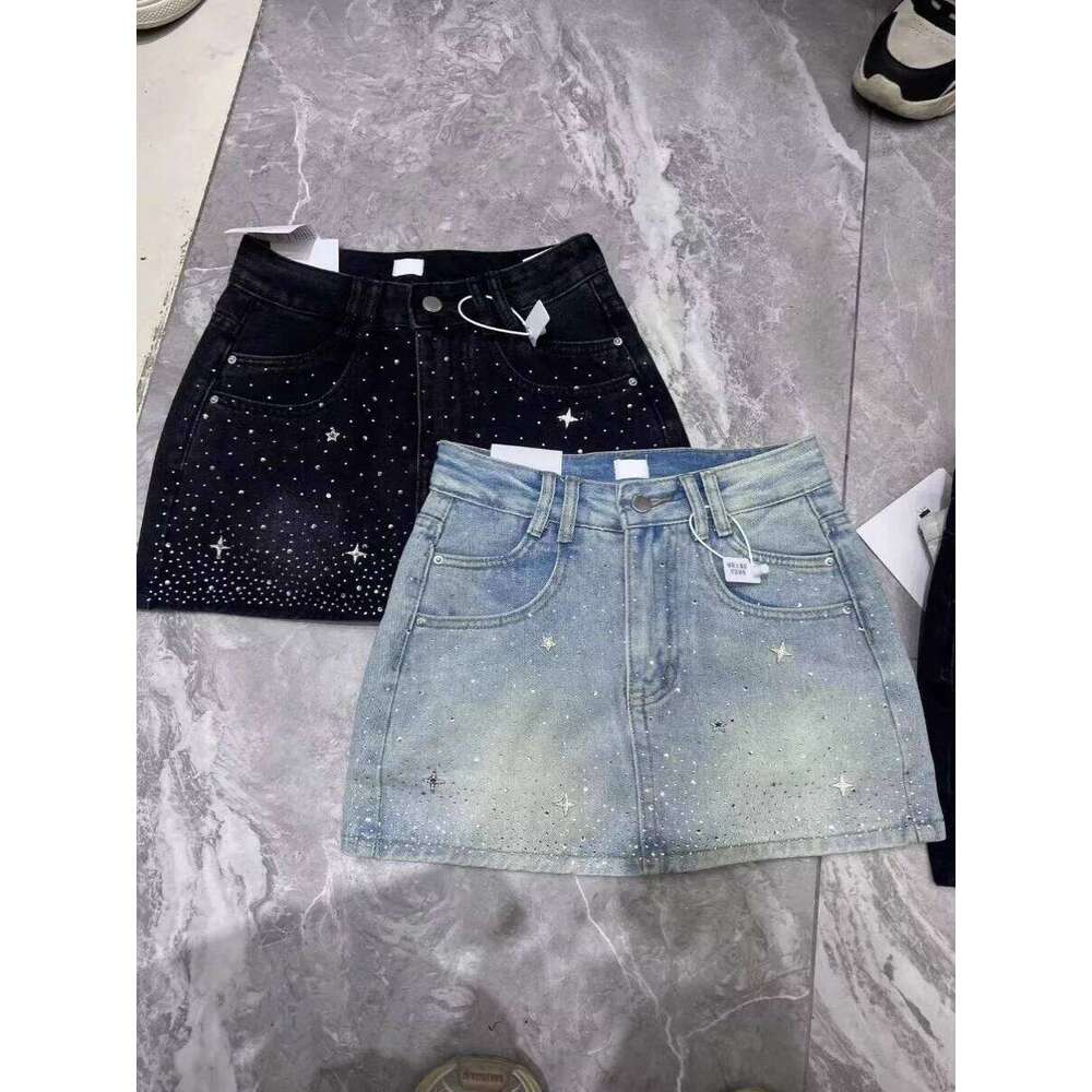 Summer Rhinestone A-line Denim Skirt for Women Star Pattern Zipper Pocket Short Skirts Fashion High-quality Slim Fit Jeans skirt Z260314