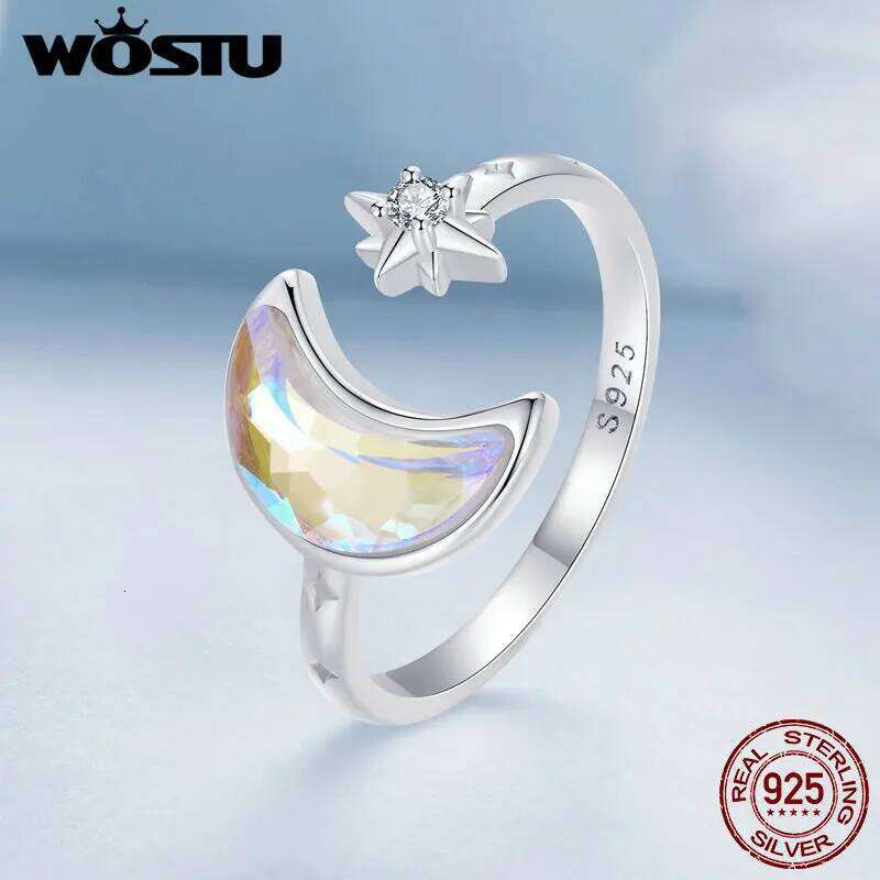 WOSTU 925 Sterling Silver Moon Star Open ring For Women Rainbow Moonstone Zircon Adjustable Rings ly Party Jewelry Gift New H260312