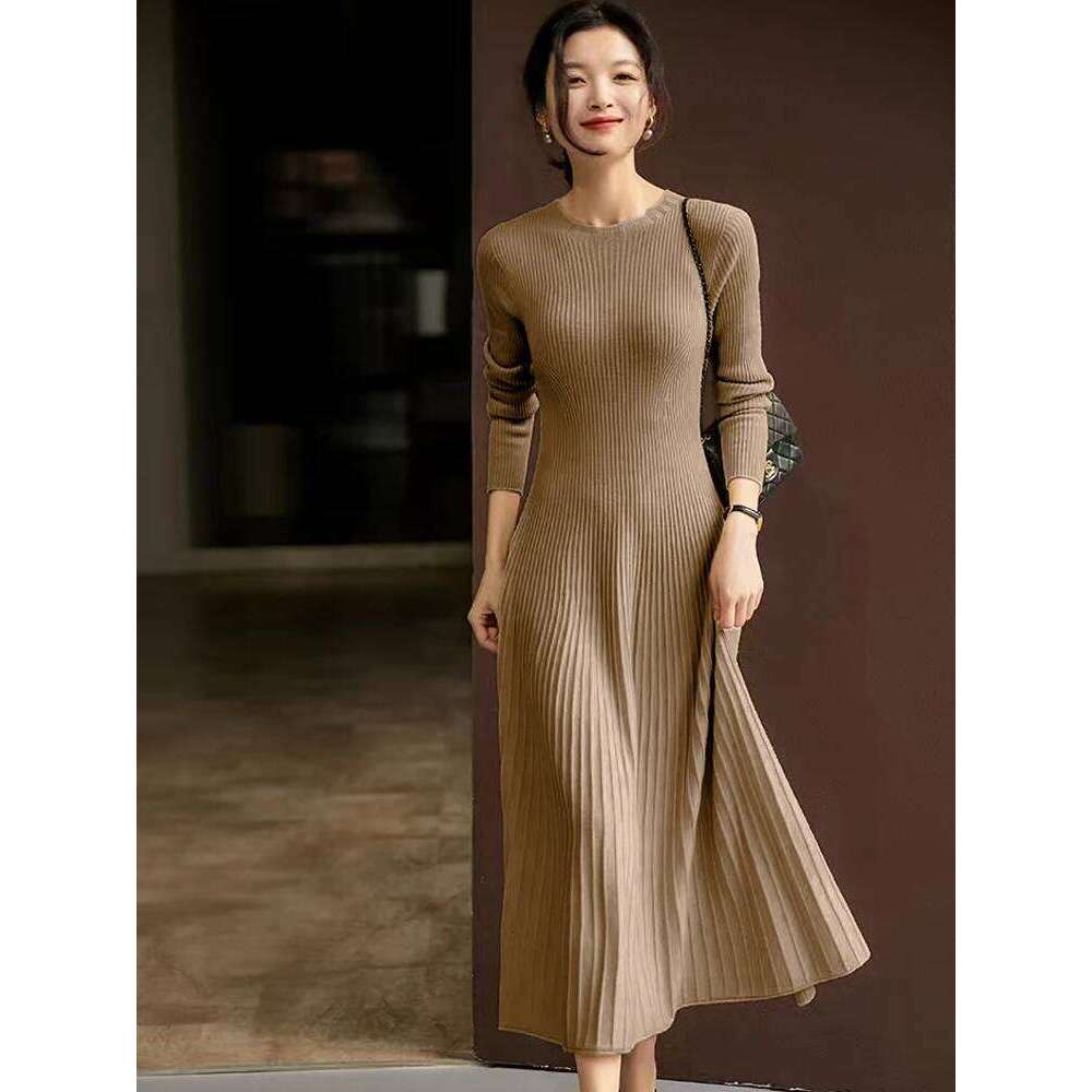 Spring Autumn Sweater Women's 100% Merino Wool O-Neck Slim Maxi Skirt Basic Long Sleeve Sexy Inside Join Dress Z260314