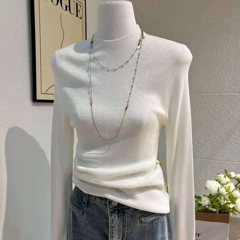 Women's Pullover Half Turtleneck Long-sleeved Sweater Bottoming Autumn and Winter Solid Color Top Z260313