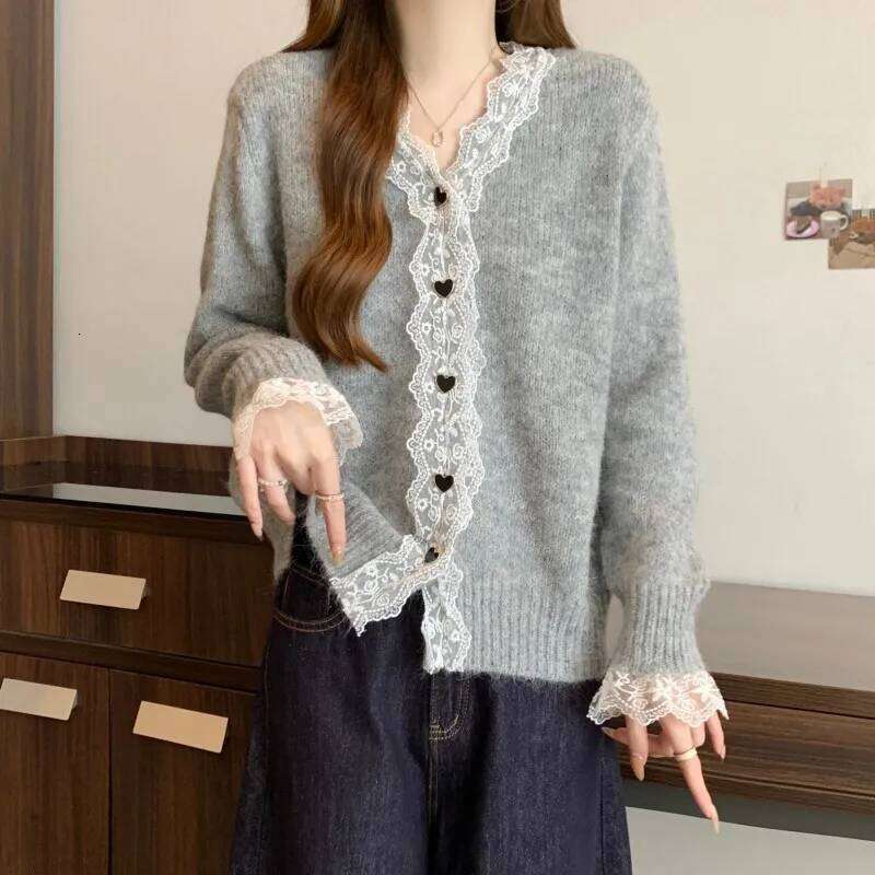 French Lace Edge Patchwork V-neck Women Cardigan Autumn Winter Lazy Style Loose Long Sleeves Single-Breasted Knitted Sweater Z260313