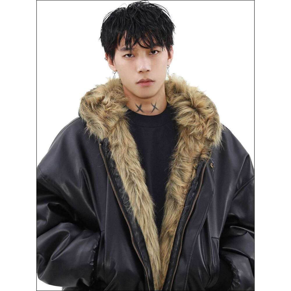 Double Sided Wearable Winter Warm Jackets Pu Coat Sportswear Cotton Streetwear Couples Fur Collar Hooded Motorcycle Mens Jacket Z260313