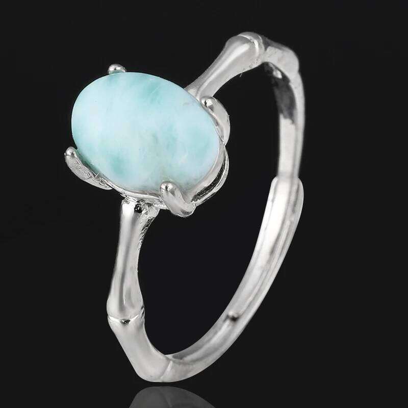 1pc natural gemstone larimar Oval women adjustable copper-plated silver ring for parties gifts jewelry H260312