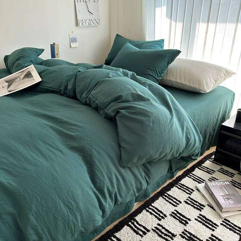 Bed Linen Solid Cotton Bedding Set with Sheet Duvet Cover Pillowcases Single Couple Bedsheet King Queen Double Twin Size H260312 - view 6