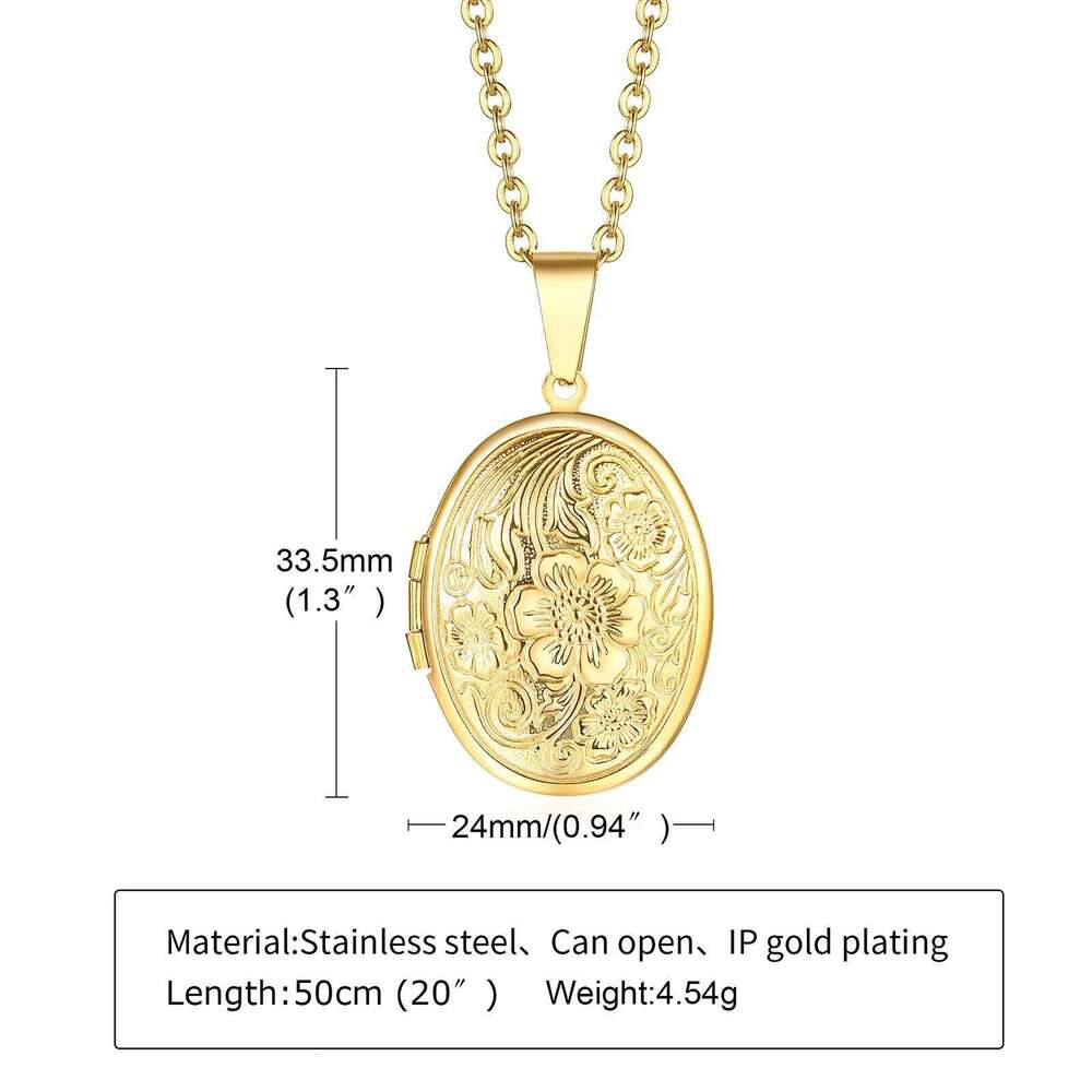 Vnox Monogram Floral Oval Heart Locket Pendant Necklaces for Women Men, Stainless Steel Photo Frame Promise Keepsake Collar H260312